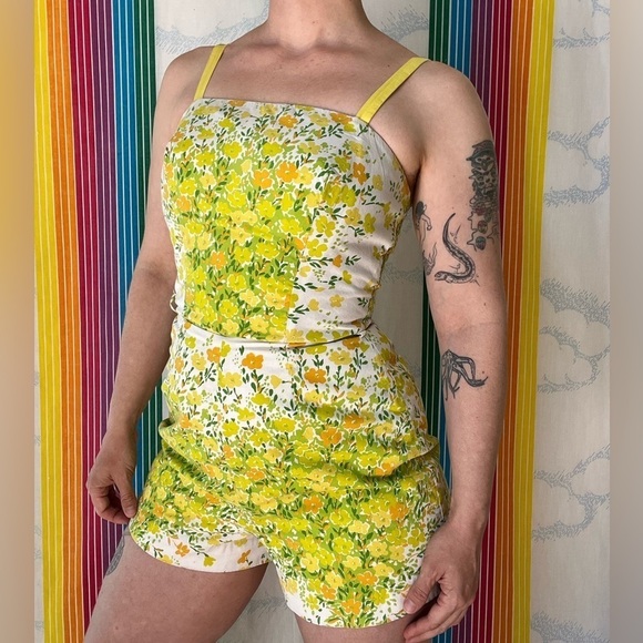 VINTAGE mcm 60s 70s floral playsuit extra small small green yellow orange - Picture 1 of 10